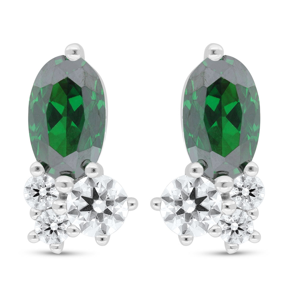 Sterling Silver 925 Earring Rhodium Plated Embedded With Emerald Zircon And White Zircon