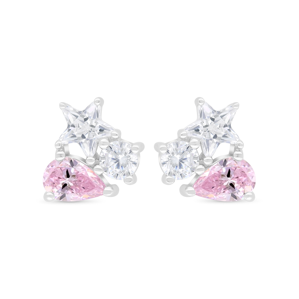 Sterling Silver 925 Earring Rhodium Plated Embedded With Pink Zircon And White Zircon