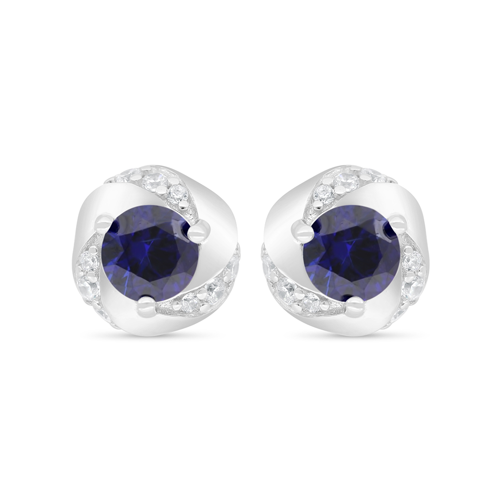 Sterling Silver 925 Earring Rhodium Plated Embedded With Sapphire Corundum And White Zircon