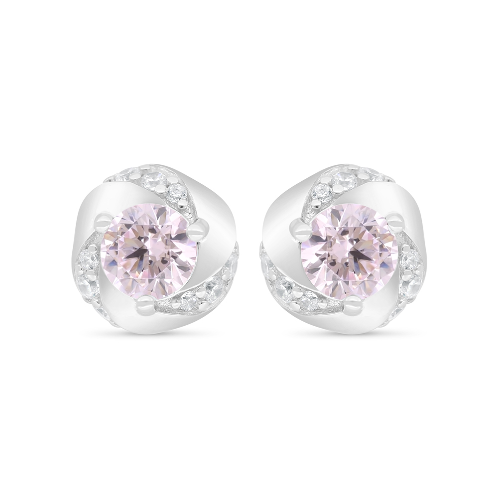 Sterling Silver 925 Earring Rhodium Plated Embedded With Pink Zircon And White Zircon