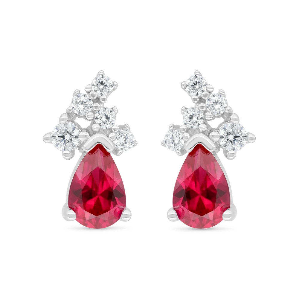 Sterling Silver 925 Earring Rhodium Plated Embedded With Ruby Corundum And White Zircon