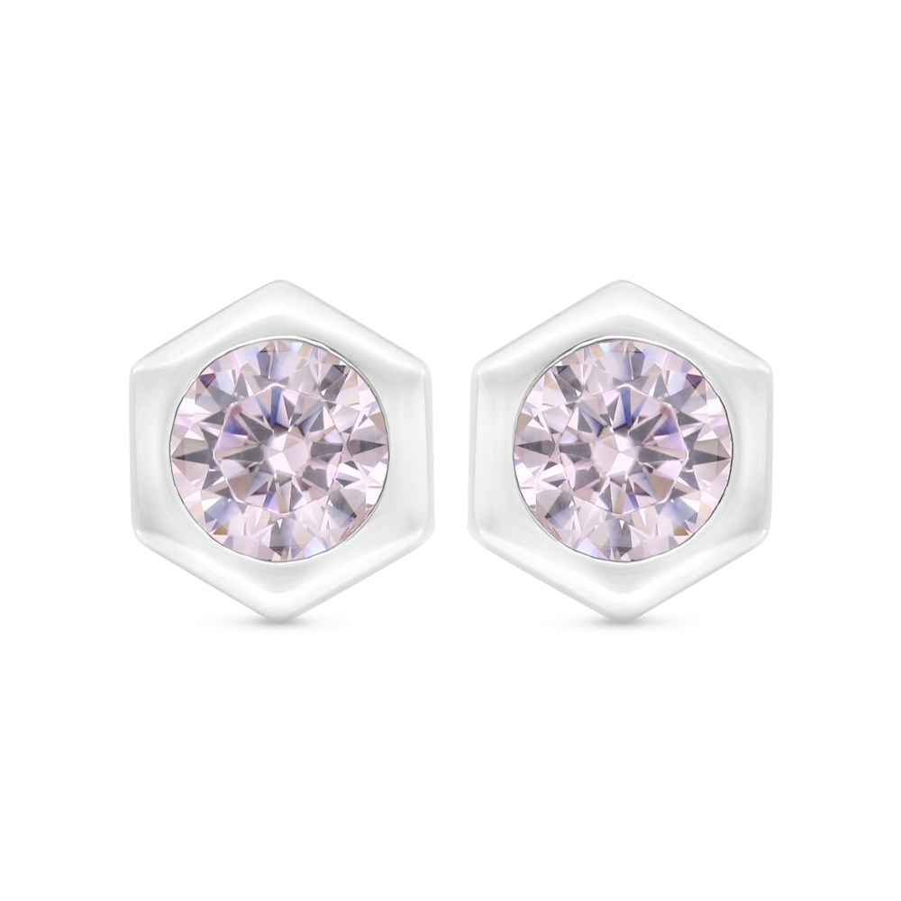 Sterling Silver 925 Earring Rhodium Plated Embedded With Pink Zircon