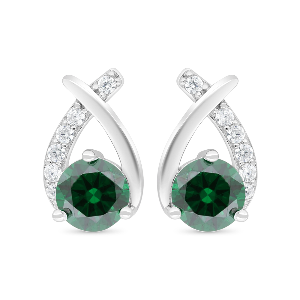 Sterling Silver 925 Earring Rhodium Plated Embedded With Emerald Zircon And White Zircon