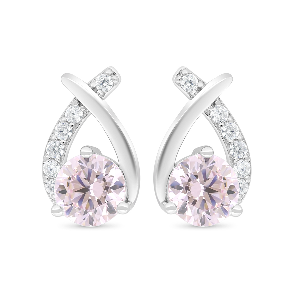 Sterling Silver 925 Earring Rhodium Plated Embedded With Pink Zircon And White Zircon