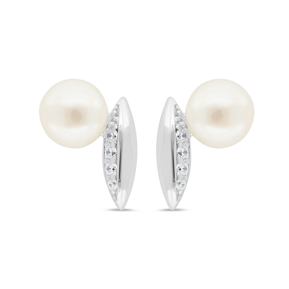 Sterling Silver 925 Earring Rhodium Plated Embedded With White Shell Pearl And White Zircon