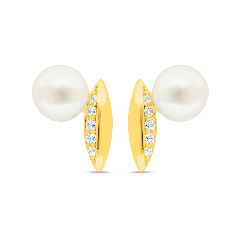 Sterling Silver 925 Earring Golden Plated Embedded With White Shell Pearl And White Zircon