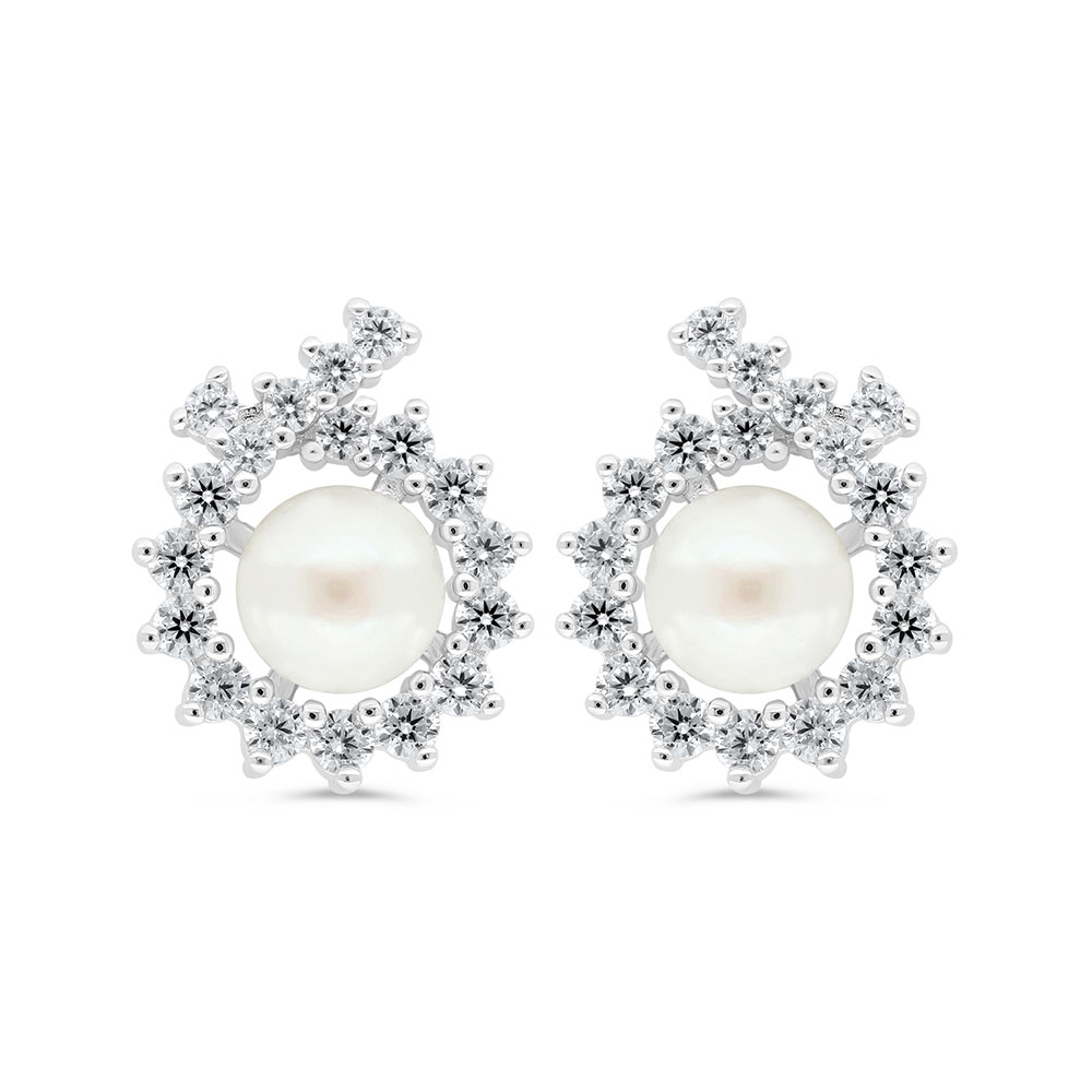 Sterling Silver 925 Earring Rhodium Plated Embedded With White Shell Pearl And White Zircon