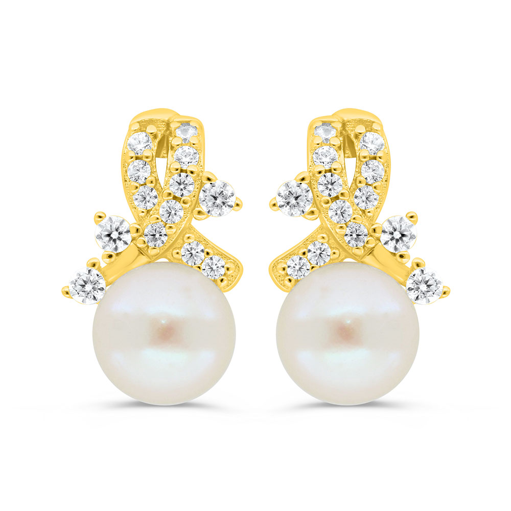 Sterling Silver 925 Earring Golden Plated Embedded With White Shell Pearl And White Zircon