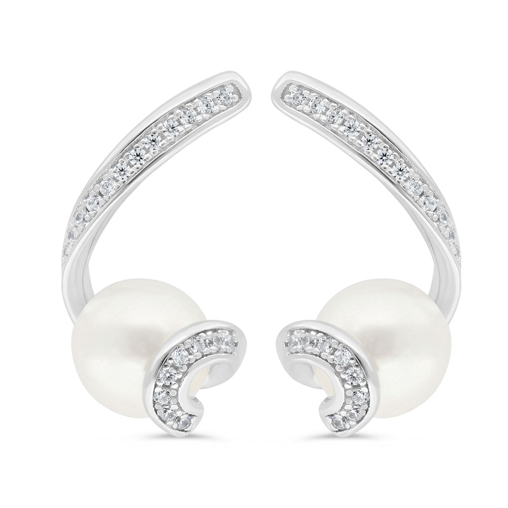 Sterling Silver 925 Earring Rhodium Plated Embedded With White Shell Pearl And White Zircon