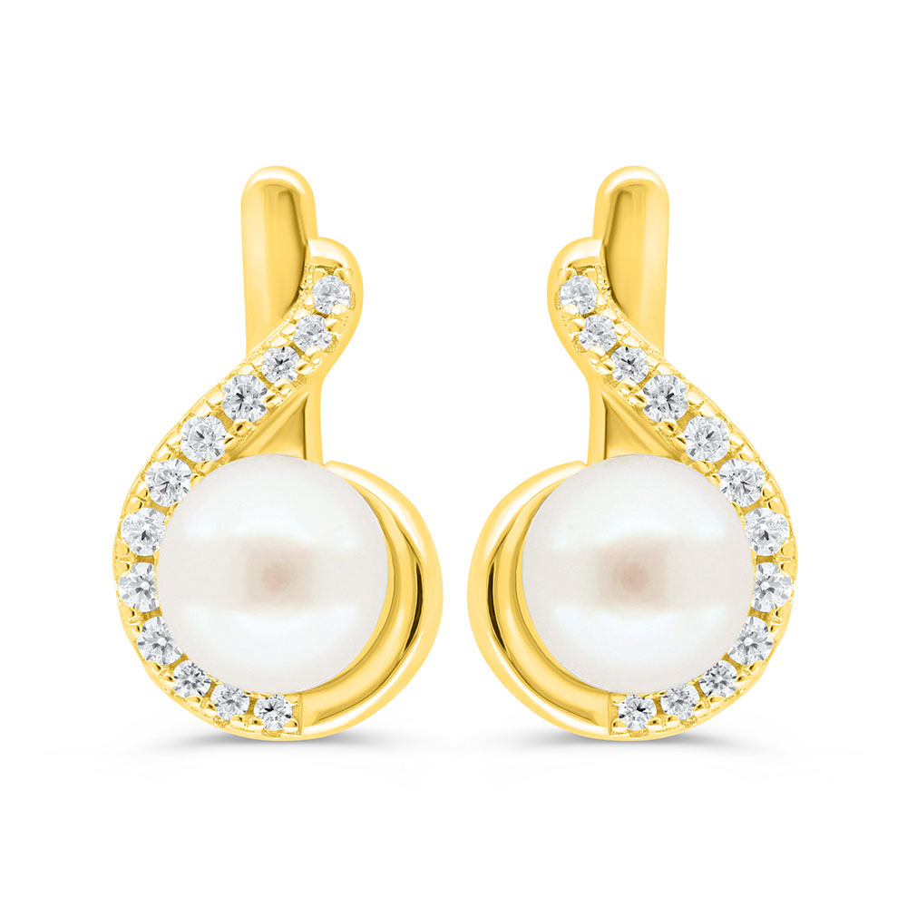 Sterling Silver 925 Earring Golden Plated Embedded With White Shell Pearl And White Zircon