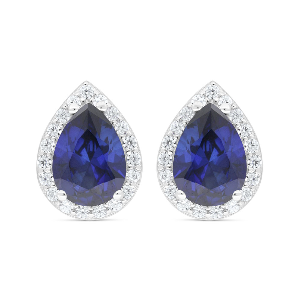 Sterling Silver 925 Earring Rhodium Plated Embedded With Sapphire Corundum And White Zircon