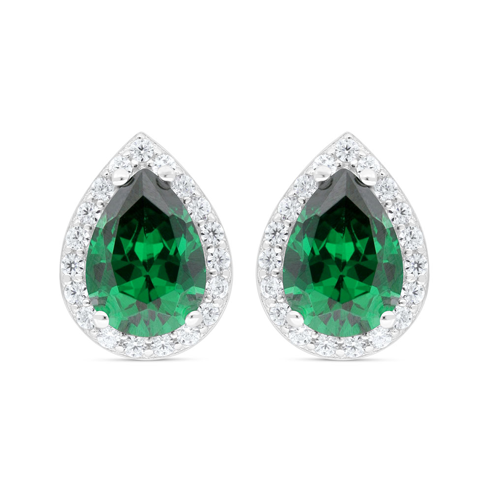 Sterling Silver 925 Earring Rhodium Plated Embedded With Emerald Zircon And White Zircon