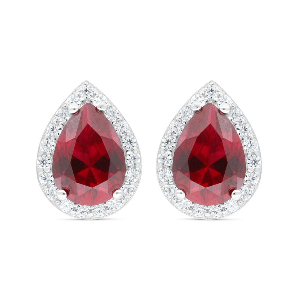 Sterling Silver 925 Earring Rhodium Plated Embedded With Ruby Corundum And White Zircon