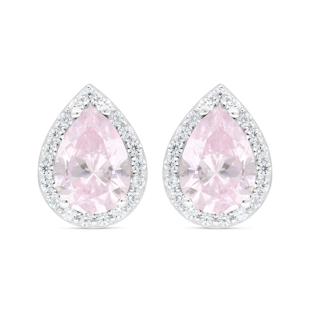 Sterling Silver 925 Earring Rhodium Plated Embedded With Pink Zircon And White Zircon