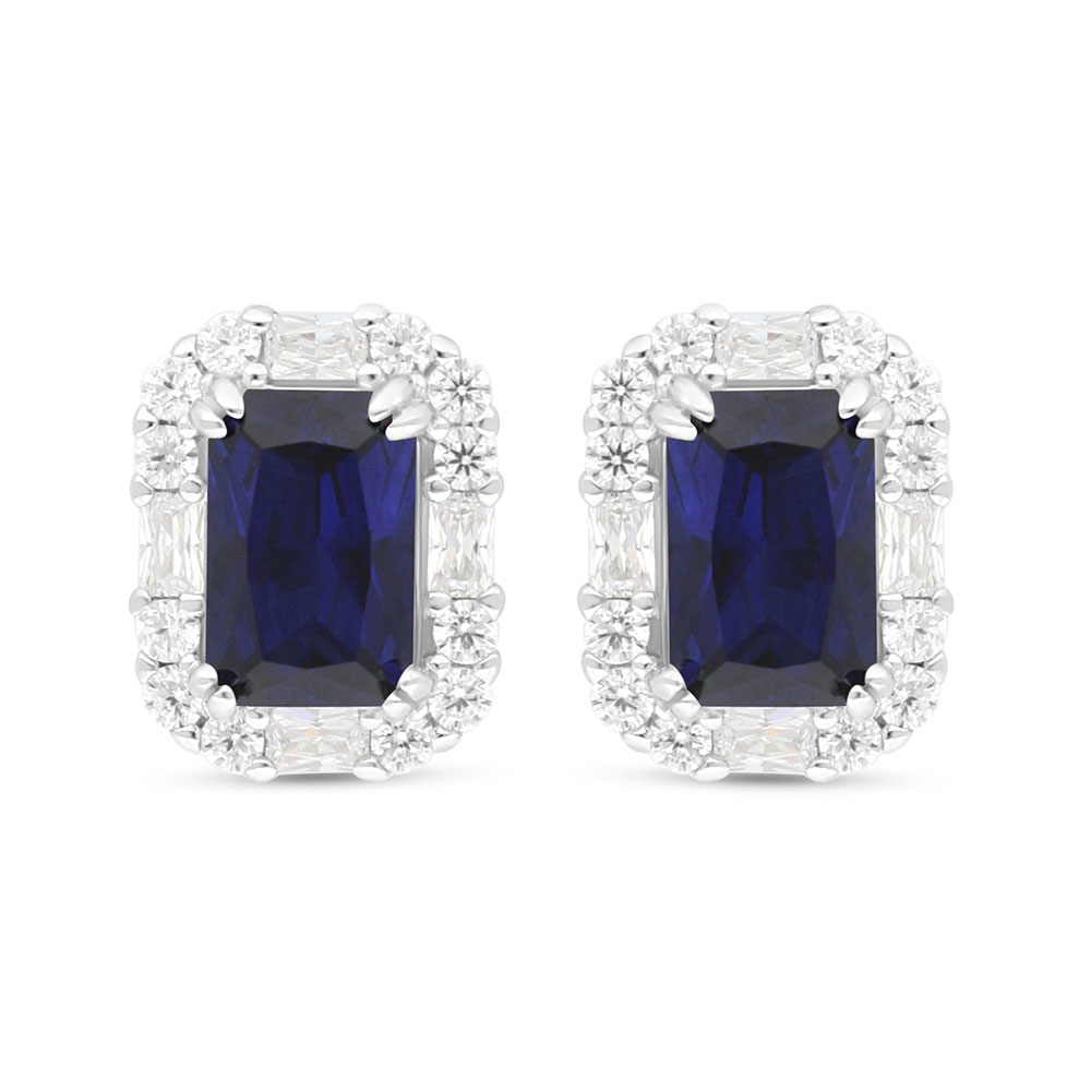 Sterling Silver 925 Earring Rhodium Plated Embedded With Sapphire Corundum And White Zircon