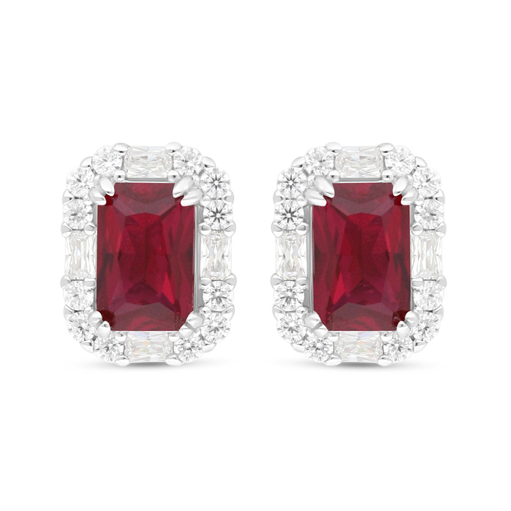 Sterling Silver 925 Earring Rhodium Plated Embedded With Ruby Corundum And White Zircon