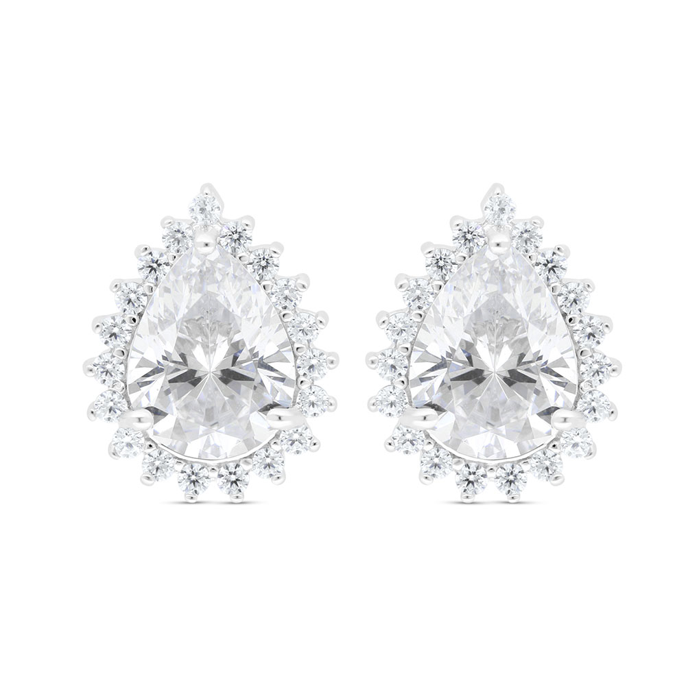 Sterling Silver 925 Earring Rhodium Plated Embedded With White Zircon