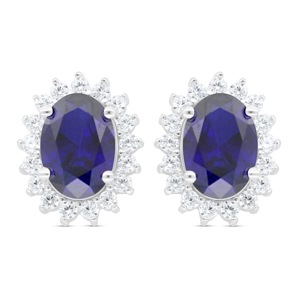 Sterling Silver 925 Earring Rhodium Plated Embedded With Sapphire Corundum And White Zircon