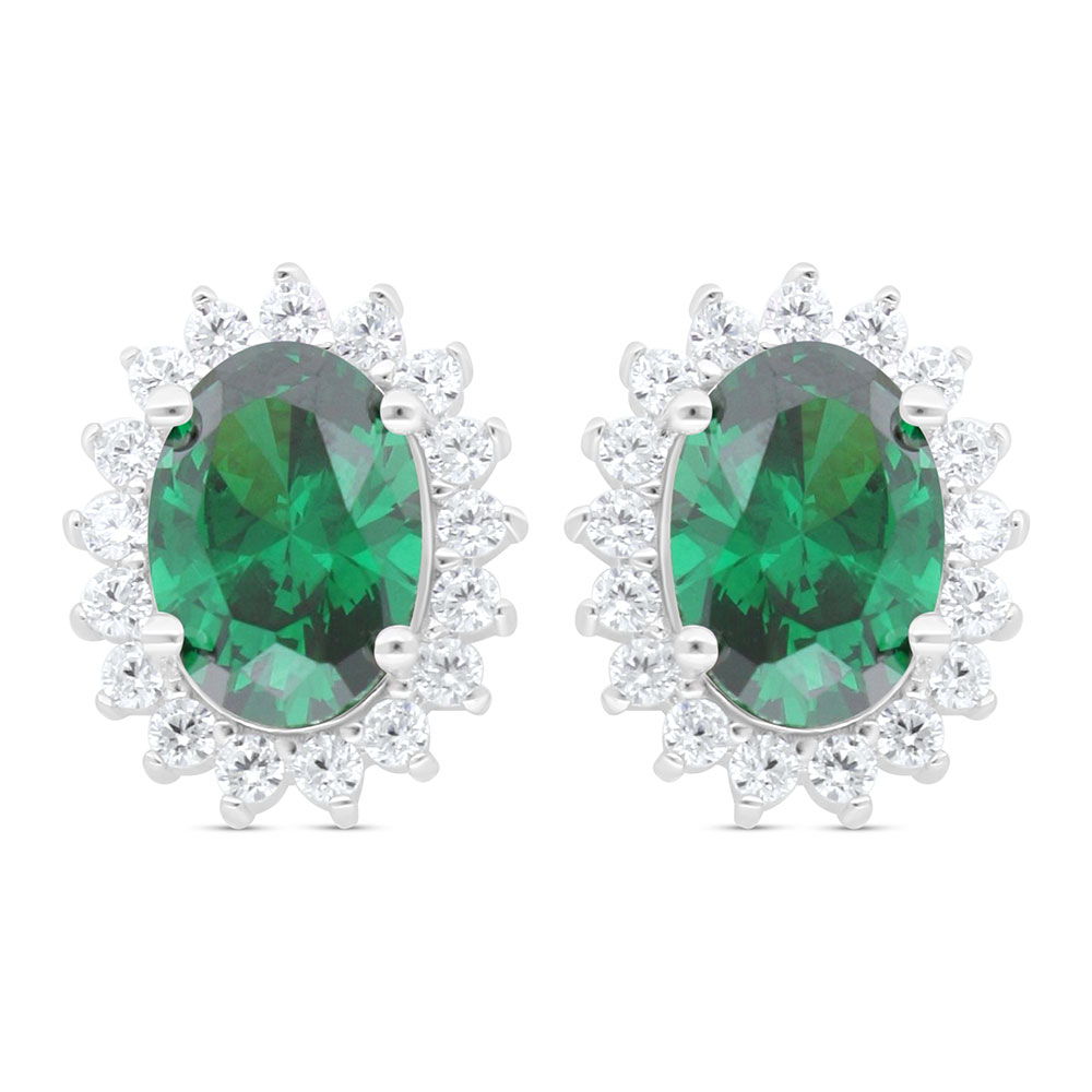 Sterling Silver 925 Earring Rhodium Plated Embedded With Emerald Zircon And White Zircon