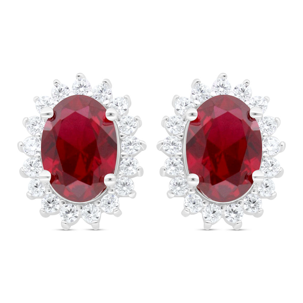 Sterling Silver 925 Earring Rhodium Plated Embedded With Ruby Corundum And White Zircon