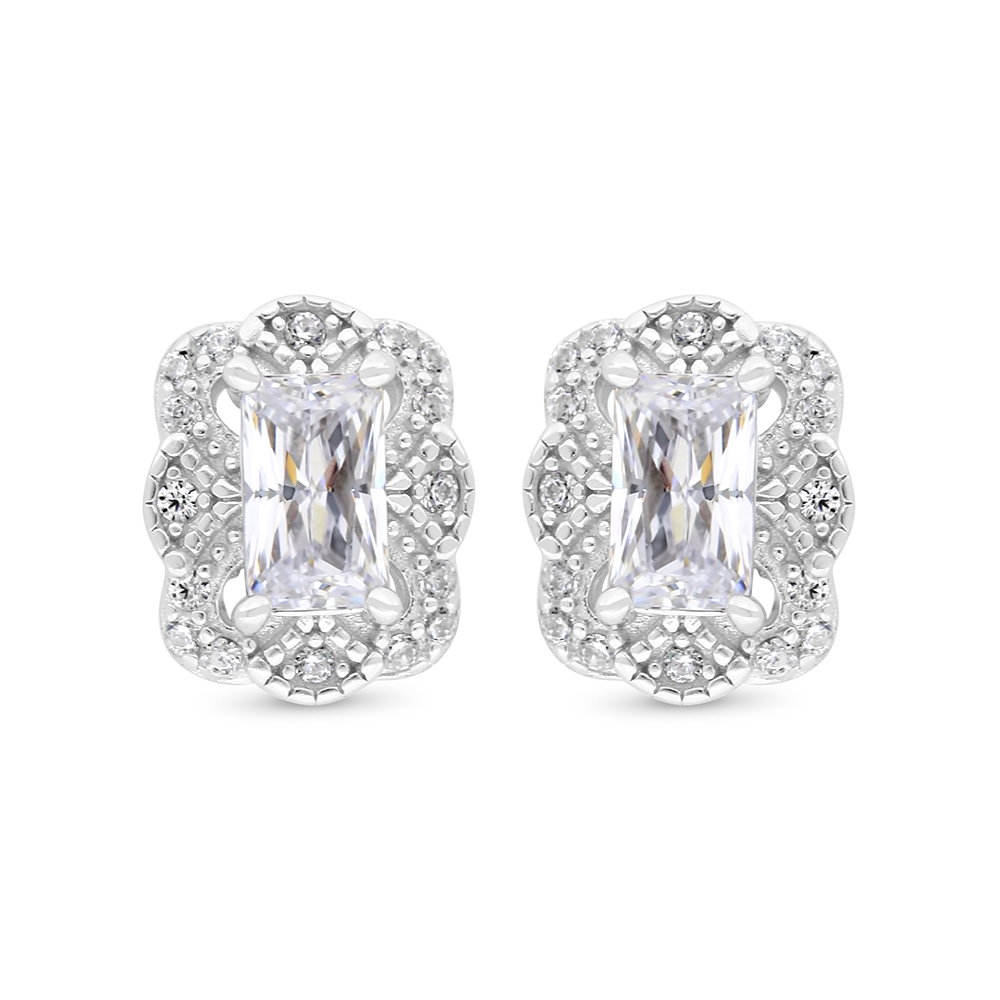 Sterling Silver 925 Earring Rhodium Plated Embedded With White Zircon