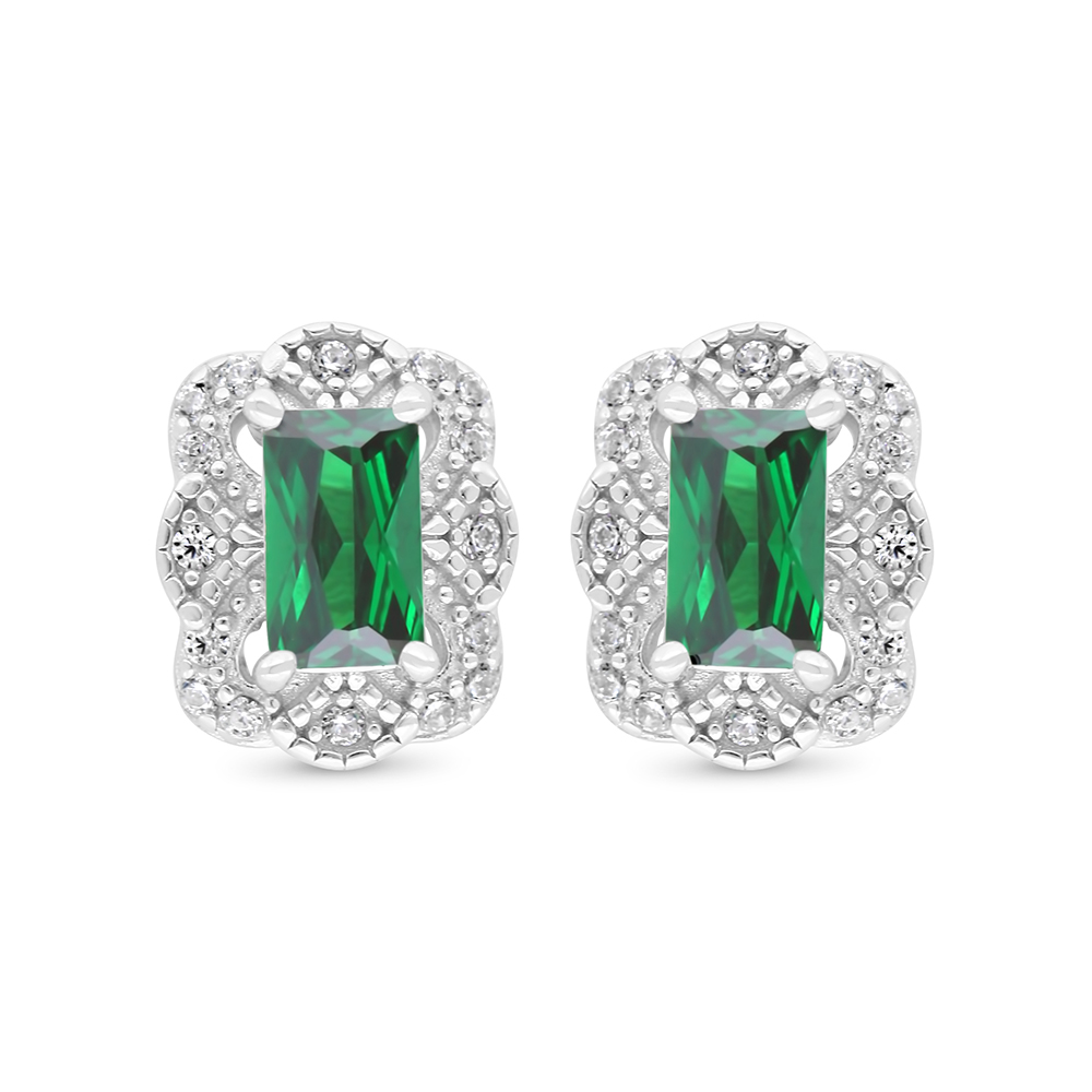 Sterling Silver 925 Earring Rhodium Plated Embedded With Emerald Zircon And White Zircon