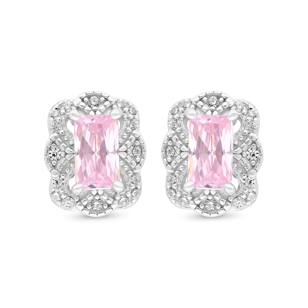 Sterling Silver 925 Earring Rhodium Plated Embedded With Pink Zircon And White Zircon