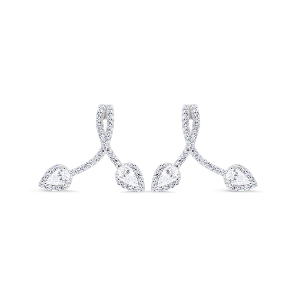 Sterling Silver 925 Earring Rhodium Plated Embedded With White Zircon