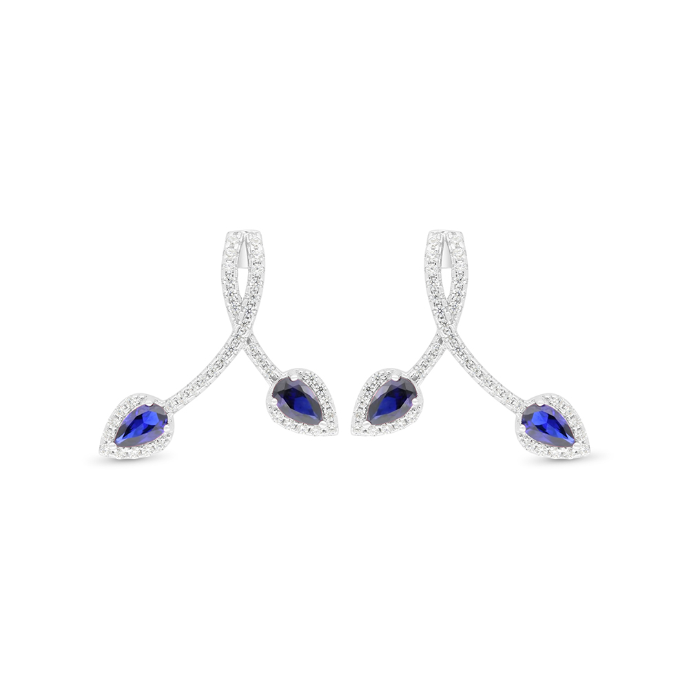 Sterling Silver 925 Earring Rhodium Plated Embedded With Sapphire Corundum And White Zircon