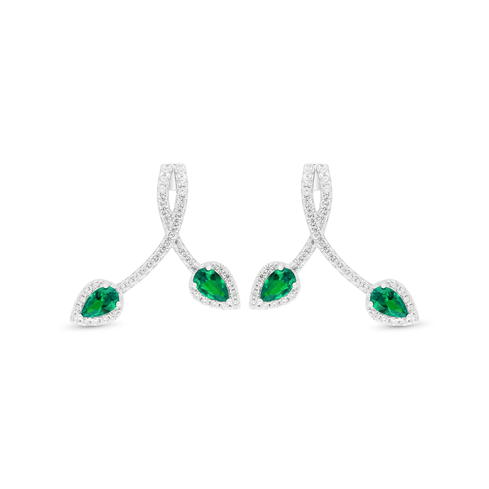 Sterling Silver 925 Earring Rhodium Plated Embedded With Emerald Zircon And White Zircon