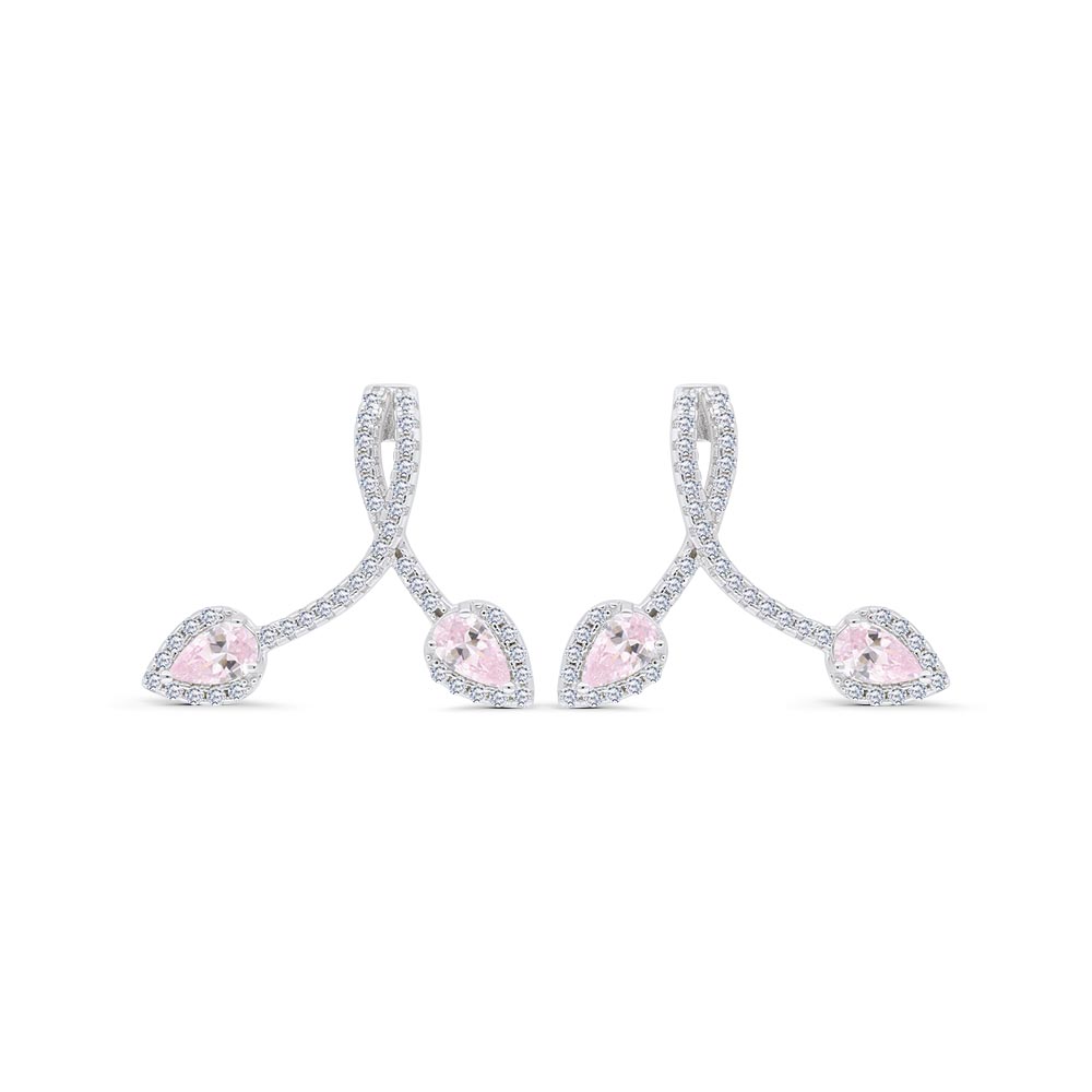 Sterling Silver 925 Earring Rhodium Plated Embedded With Pink Zircon And White Zircon