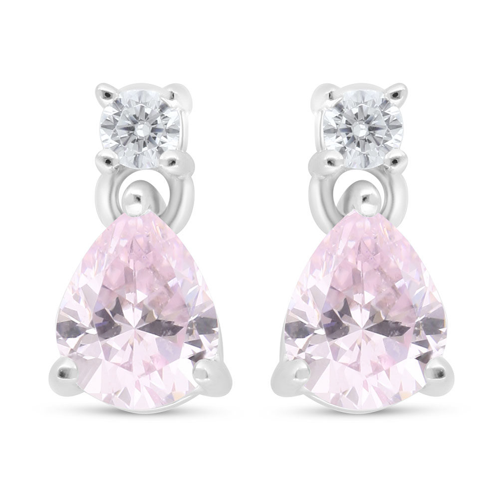 Sterling Silver 925 Earring Rhodium Plated Embedded With Pink Zircon And White Zircon