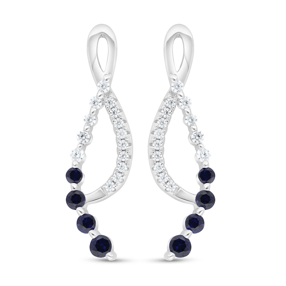 Sterling Silver 925 Earring Rhodium Plated Embedded With Sapphire Corundum And White Zircon