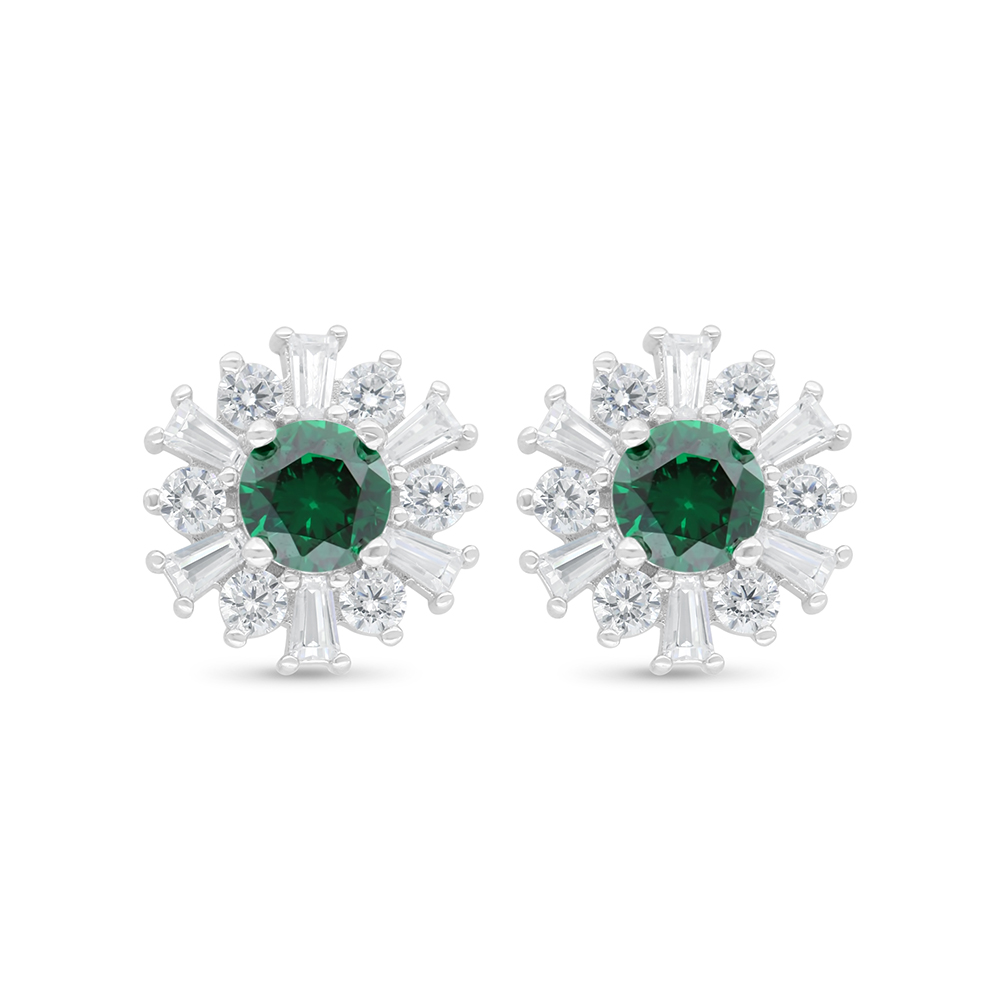 Sterling Silver 925 Earring Rhodium Plated Embedded With Emerald Zircon And White Zircon