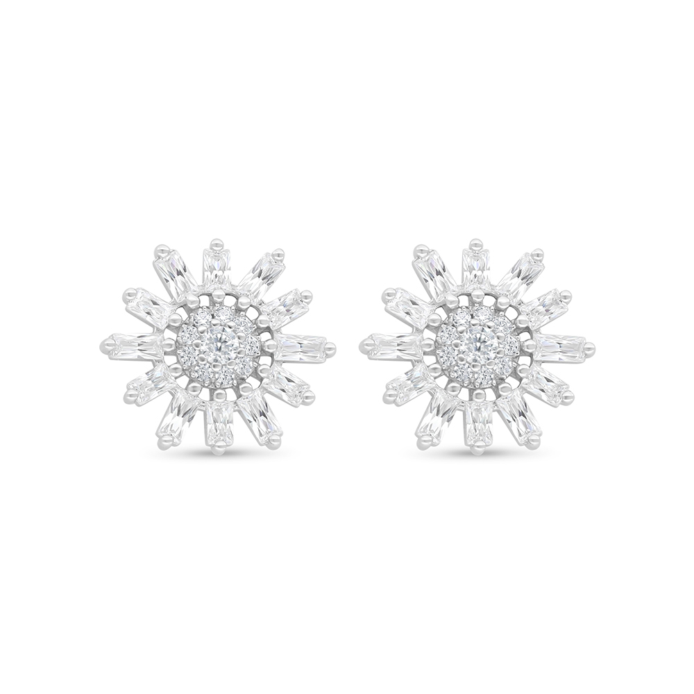 Sterling Silver 925 Earring Rhodium Plated Embedded With White Zircon