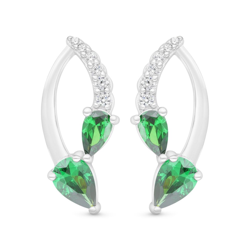 Sterling Silver 925 Earring Rhodium Plated Embedded With Emerald Zircon And White Zircon