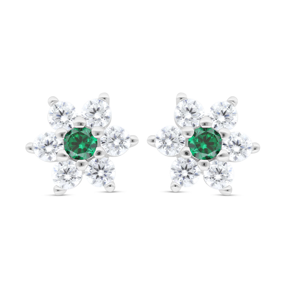 Sterling Silver 925 Earring Rhodium Plated Embedded With Emerald Zircon And White Zircon