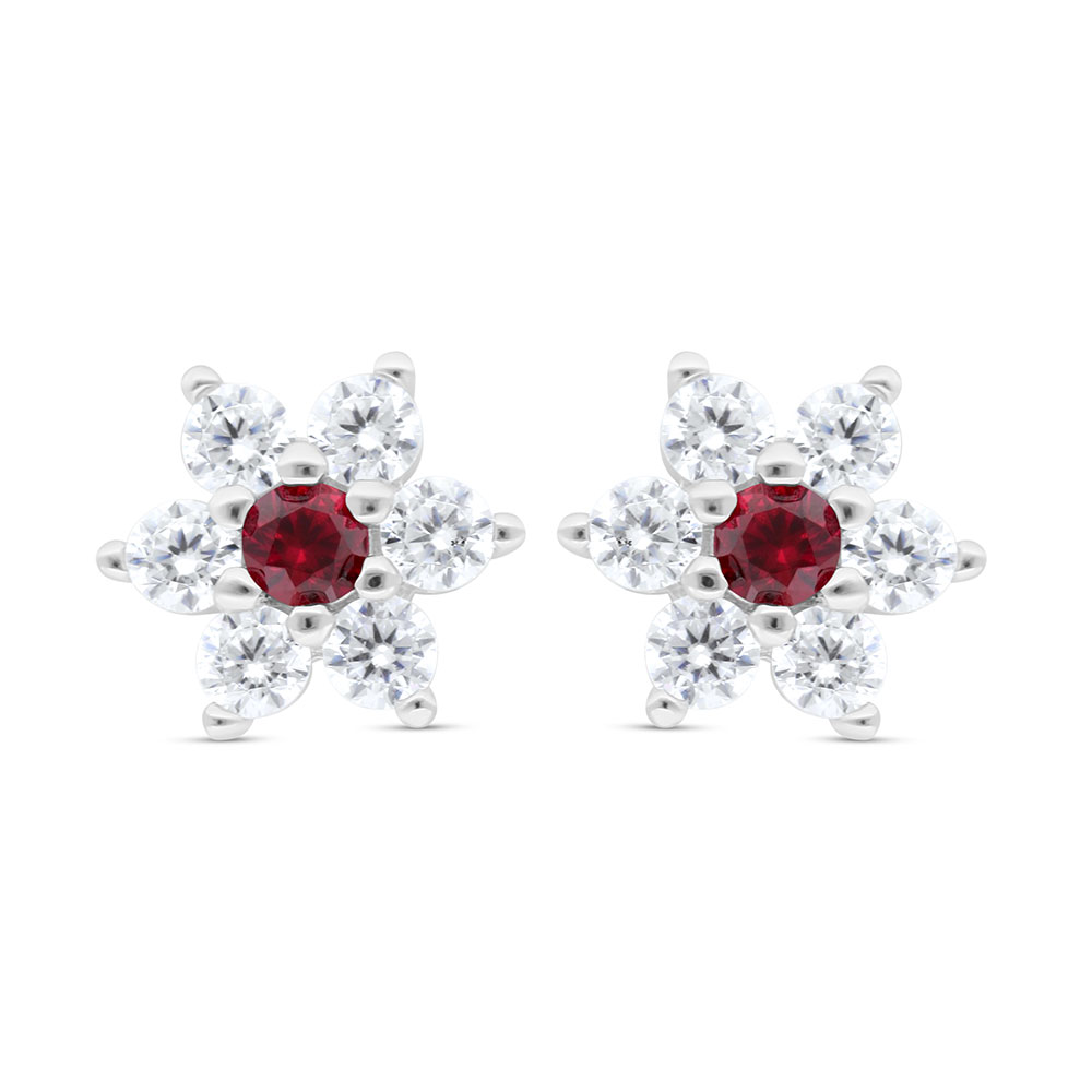 Sterling Silver 925 Earring Rhodium Plated Embedded With Ruby Corundum And White Zircon