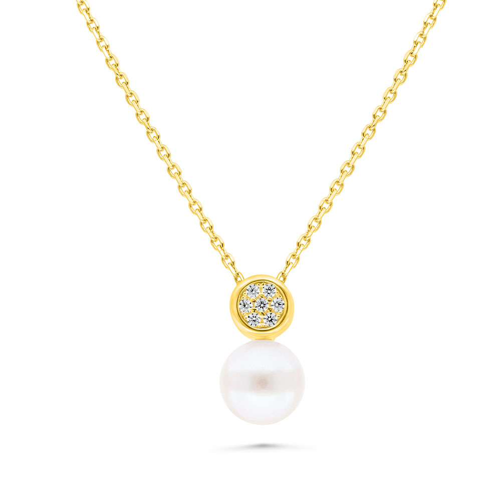 Sterling Silver 925 Necklace Golden Plated Embedded With White Shell Pearl And White Zircon