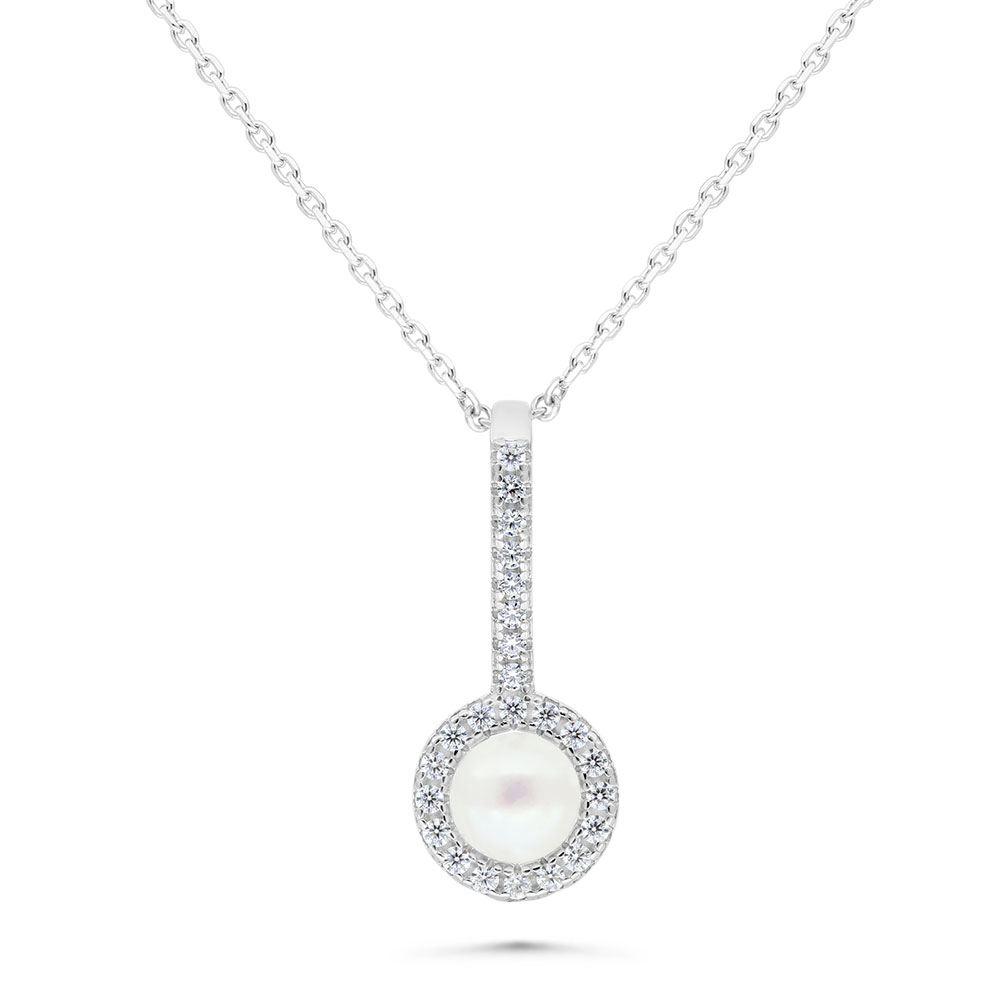 Sterling Silver 925 Necklace Rhodium Plated Embedded With White Shell Pearl And White Zircon