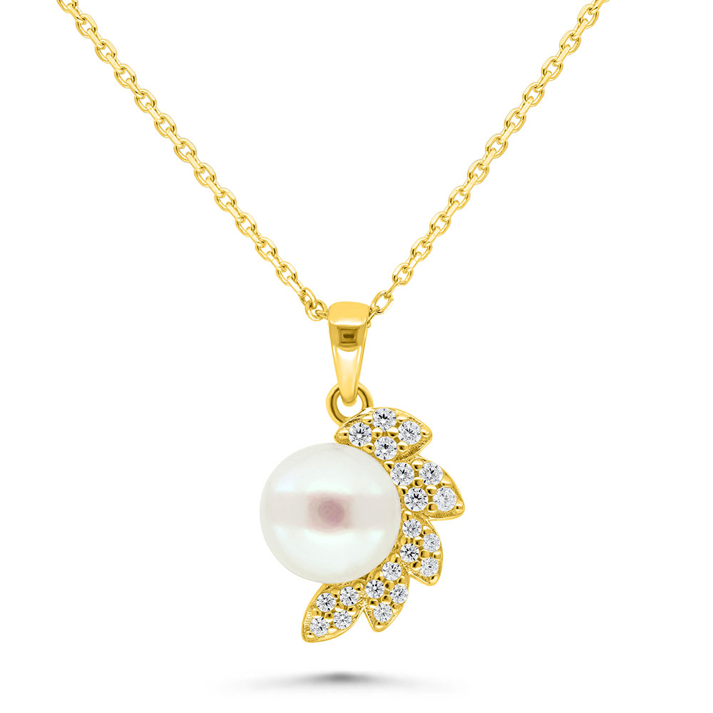 Sterling Silver 925 Necklace Golden Plated Embedded With White Shell Pearl And White Zircon