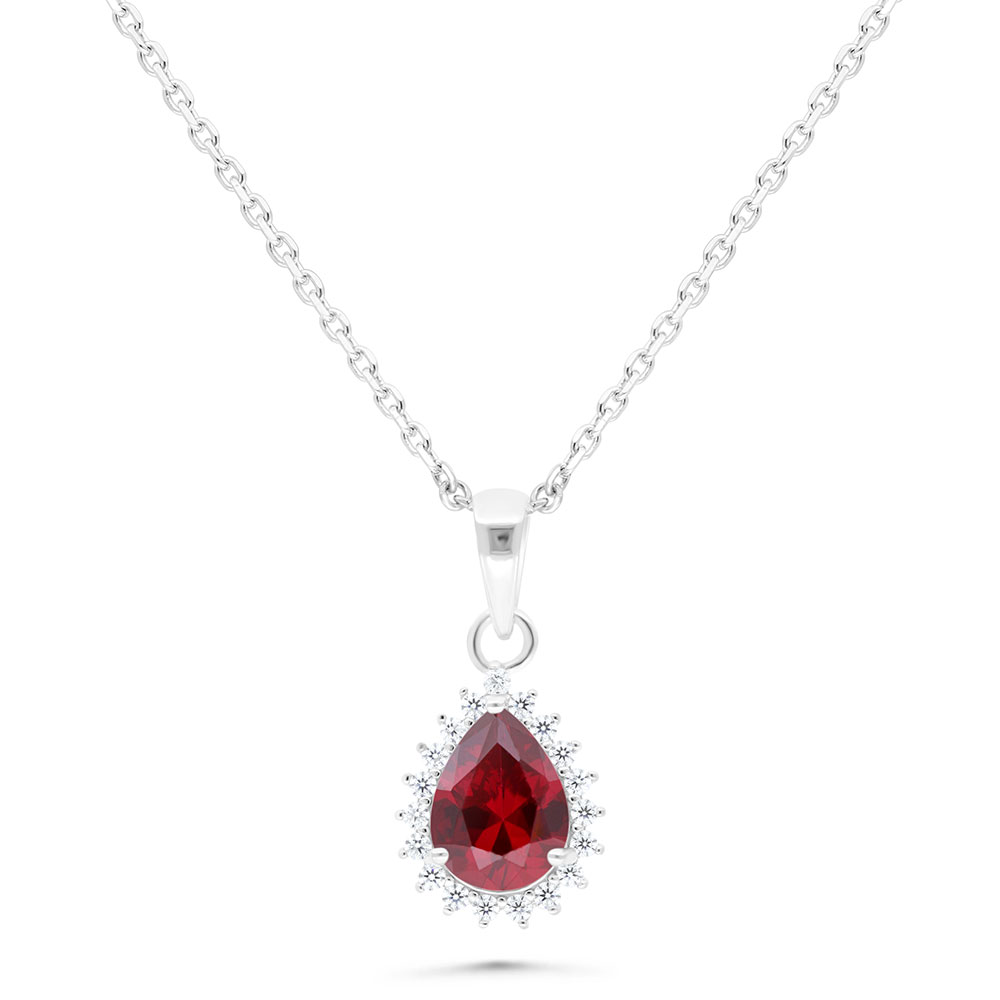 Sterling Silver 925 Necklace Rhodium Plated Embedded With Ruby Corundum And White Zircon