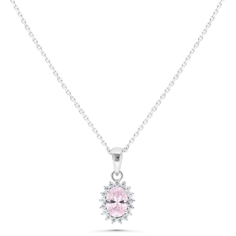 Sterling Silver 925 Necklace Rhodium Plated Embedded With pink Zircon And White Zircon