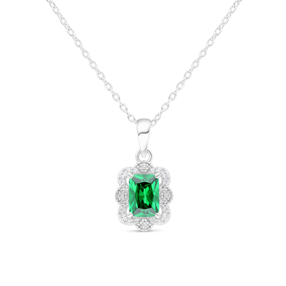 Sterling Silver 925 Necklace Rhodium Plated Embedded With Emerald Zircon And White Zircon