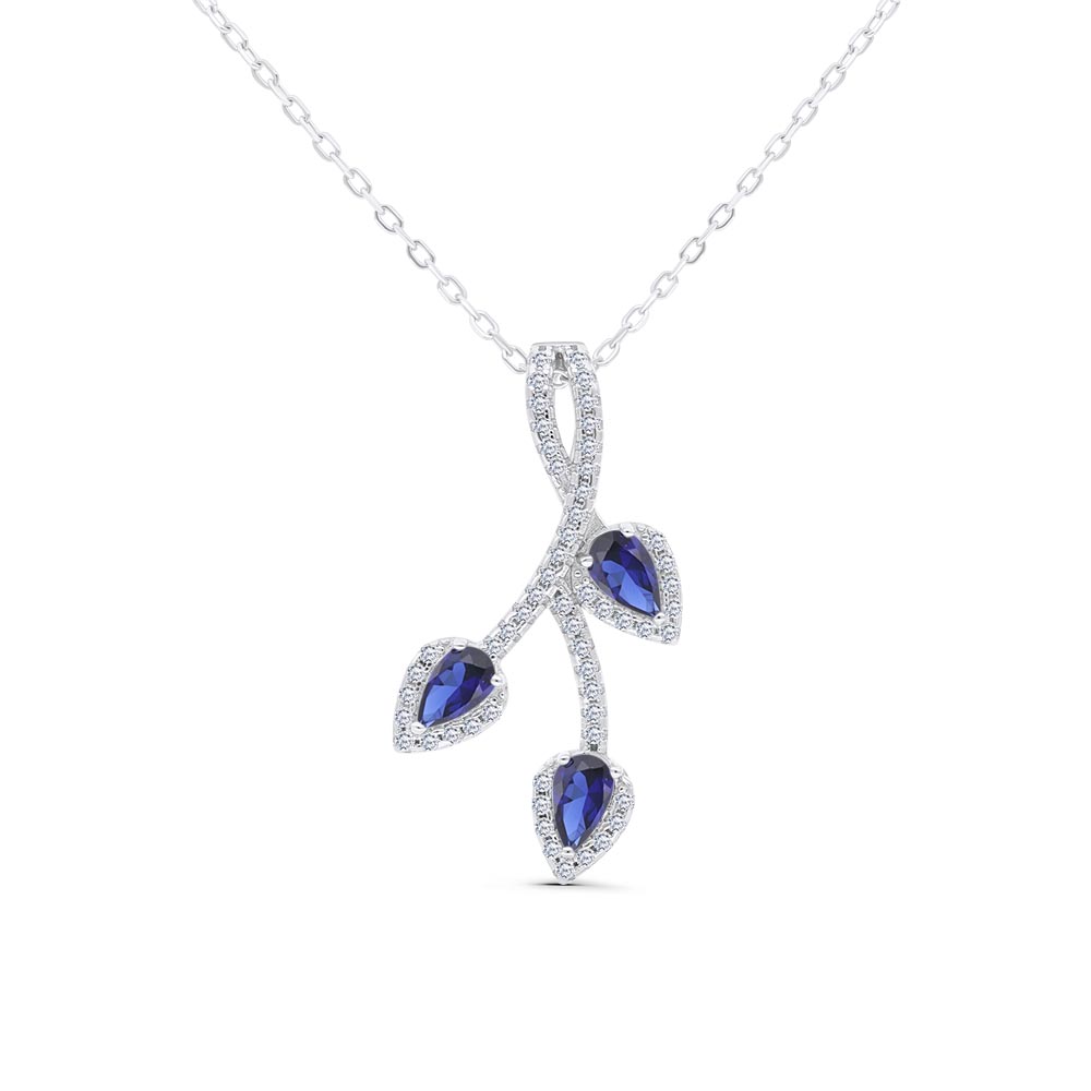 Sterling Silver 925 Necklace Rhodium Plated Embedded With Sapphire Corundum And White Zircon