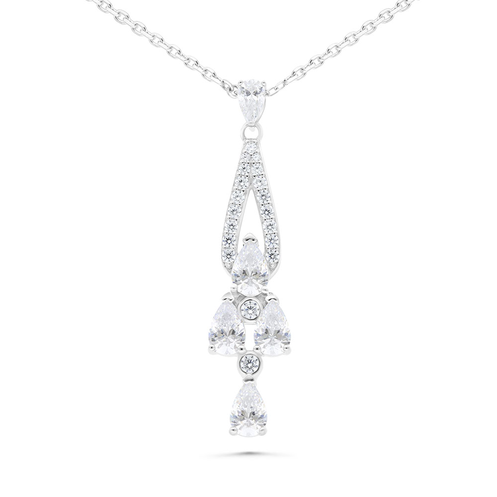 Sterling Silver 925 Necklace Rhodium Plated Embedded With White Zircon