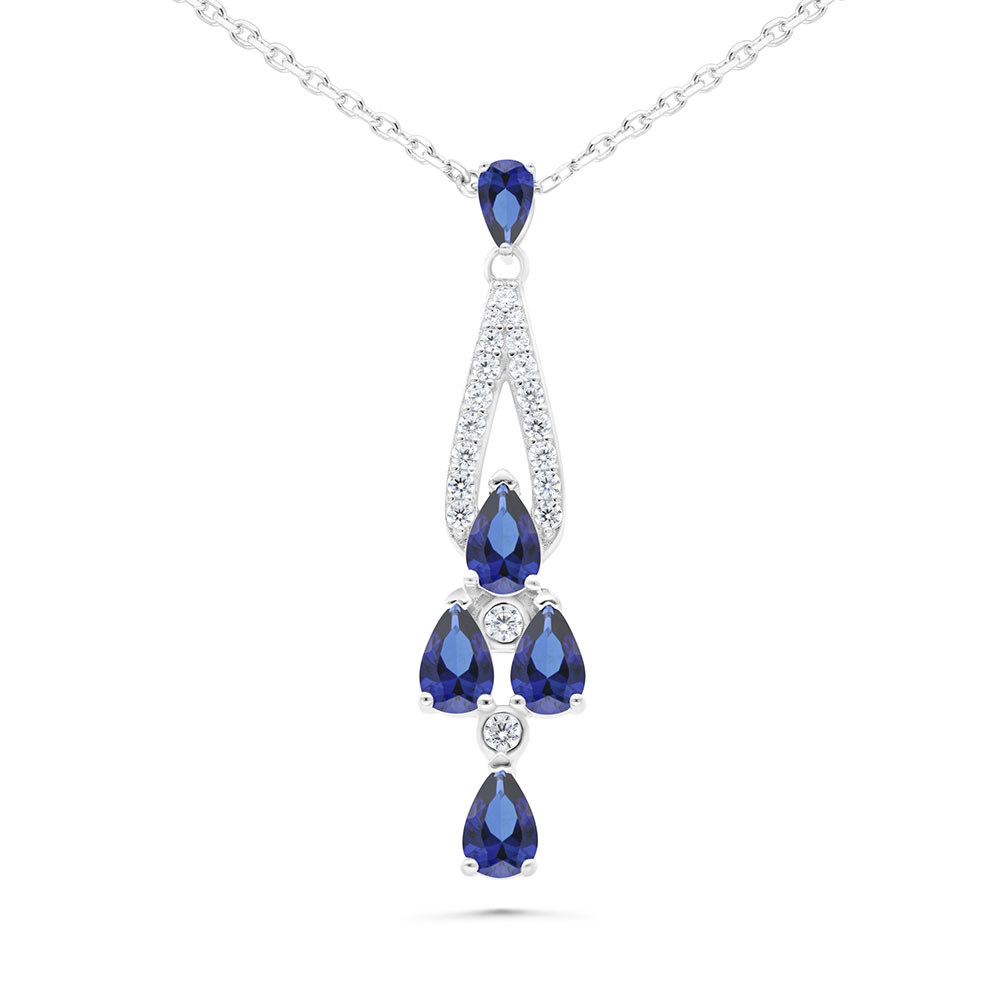 Sterling Silver 925 Necklace Rhodium Plated Embedded With Sapphire Corundum And White Zircon