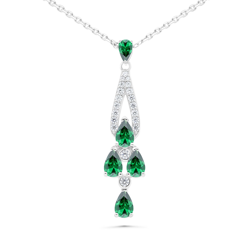 Sterling Silver 925 Necklace Rhodium Plated Embedded With Emerald Zircon And White Zircon