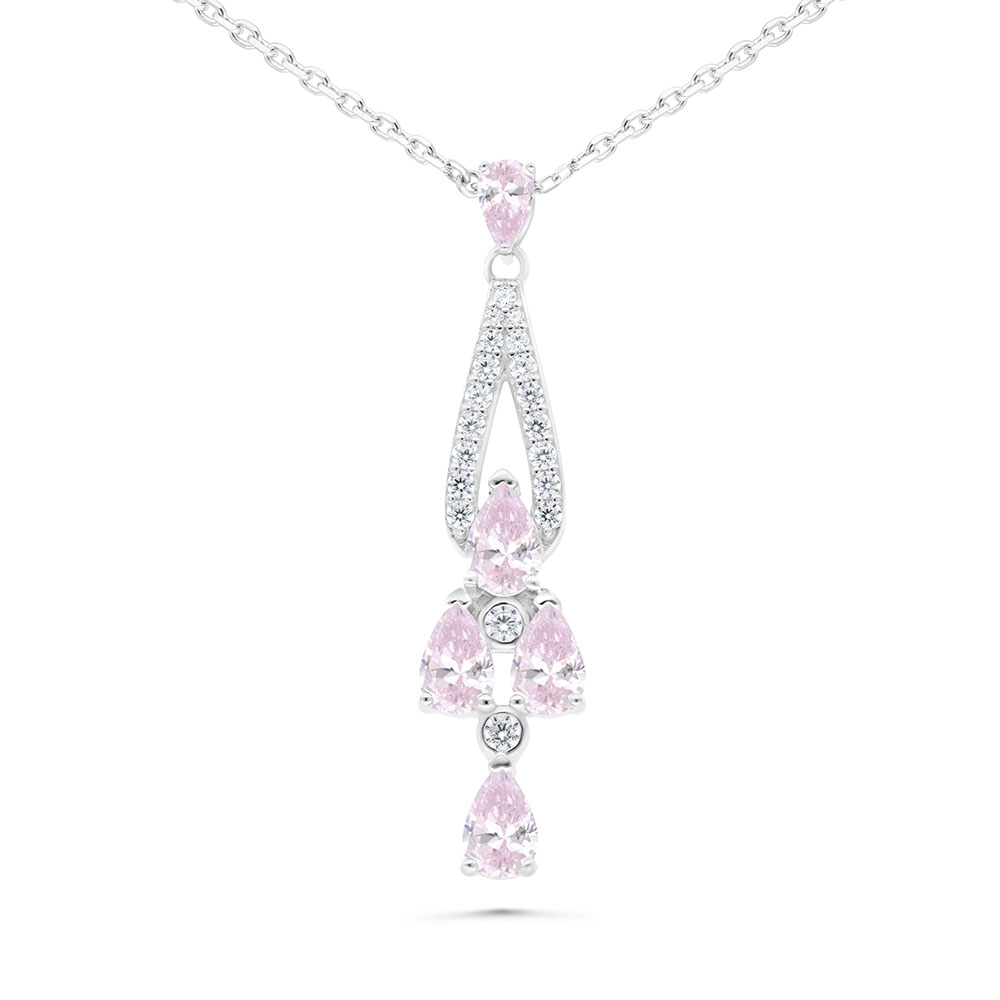 Sterling Silver 925 Necklace Rhodium Plated Embedded With pink Zircon And White Zircon