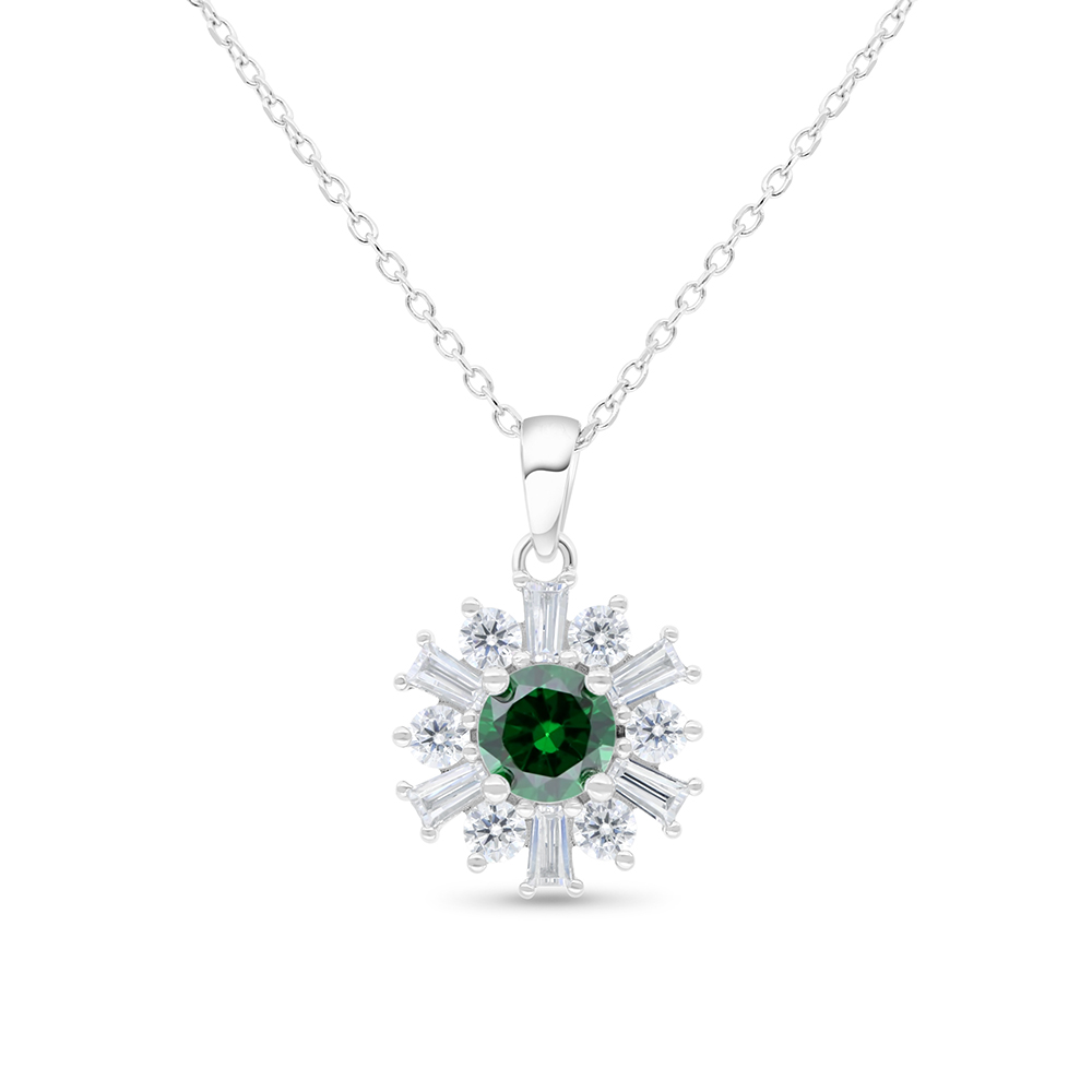 Sterling Silver 925 Necklace Rhodium Plated Embedded With Emerald Zircon And White Zircon